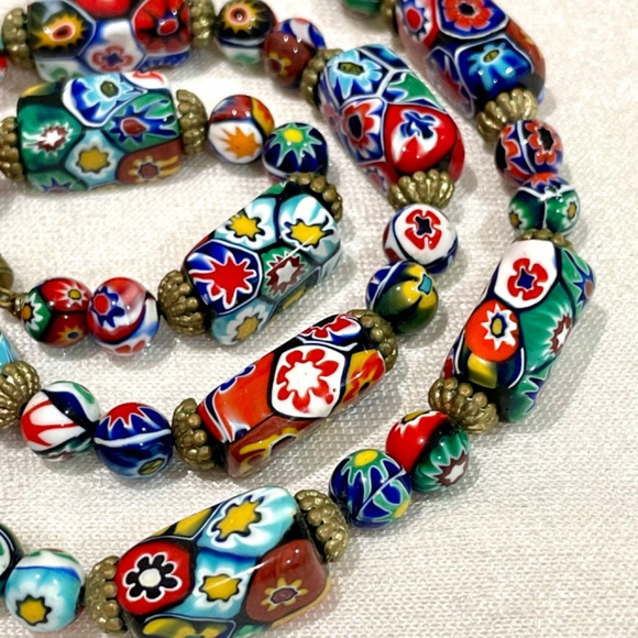 RARE Vintage Murano Millefiori Moretti Venetian Rectangle Glass Bead Necklace - Picture 5 of 11